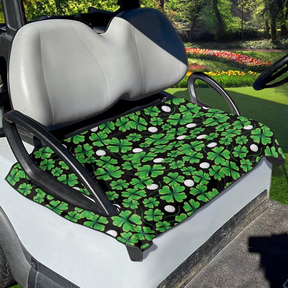 Suobstales Shamrock Seat Cover on golf cart seat with front view highlight and protection benefits
