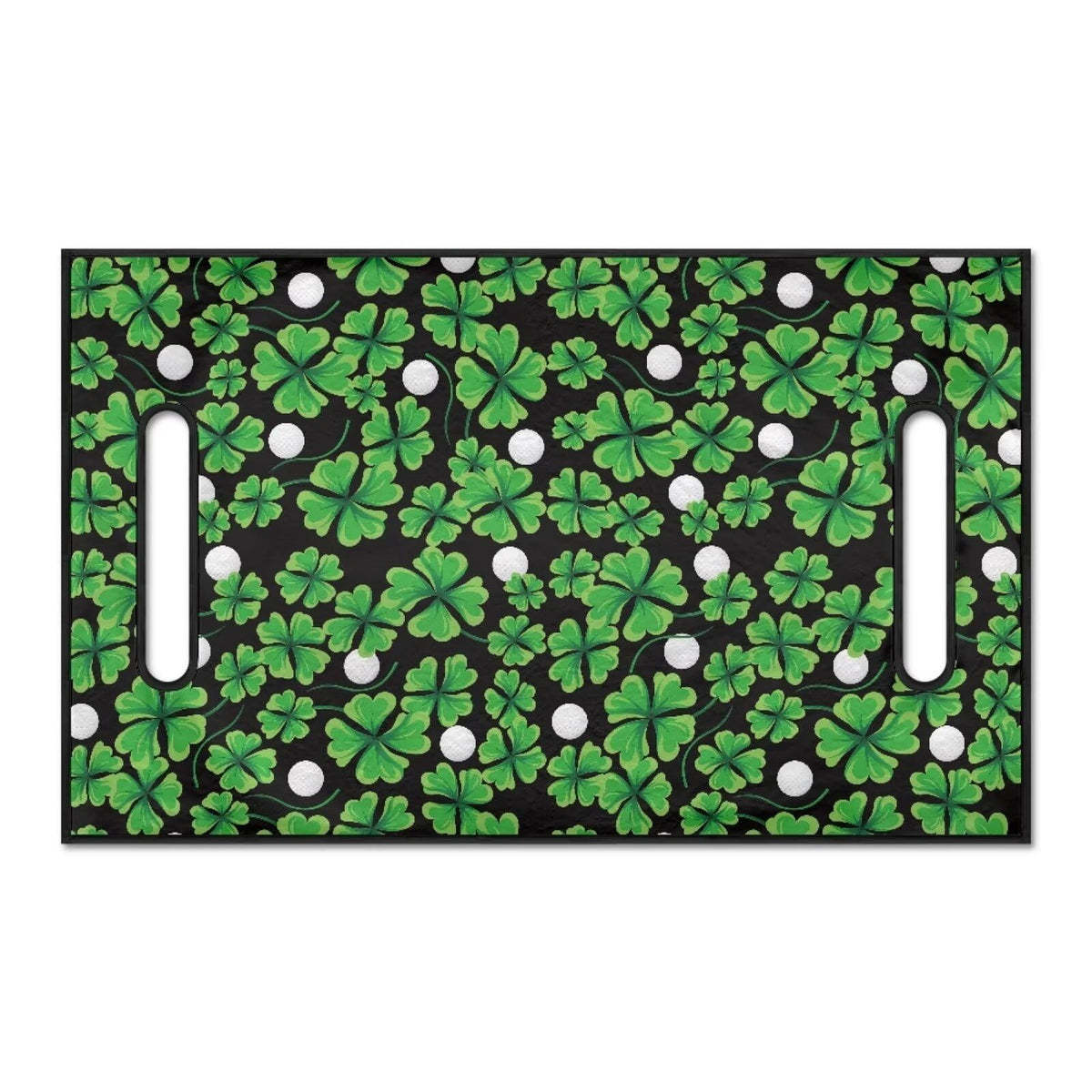 Close-up of Suobstales shamrock print seat cover on the side showing stretch fabric flexibility