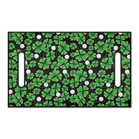 Close-up of Suobstales shamrock print seat cover on the side showing stretch fabric flexibility