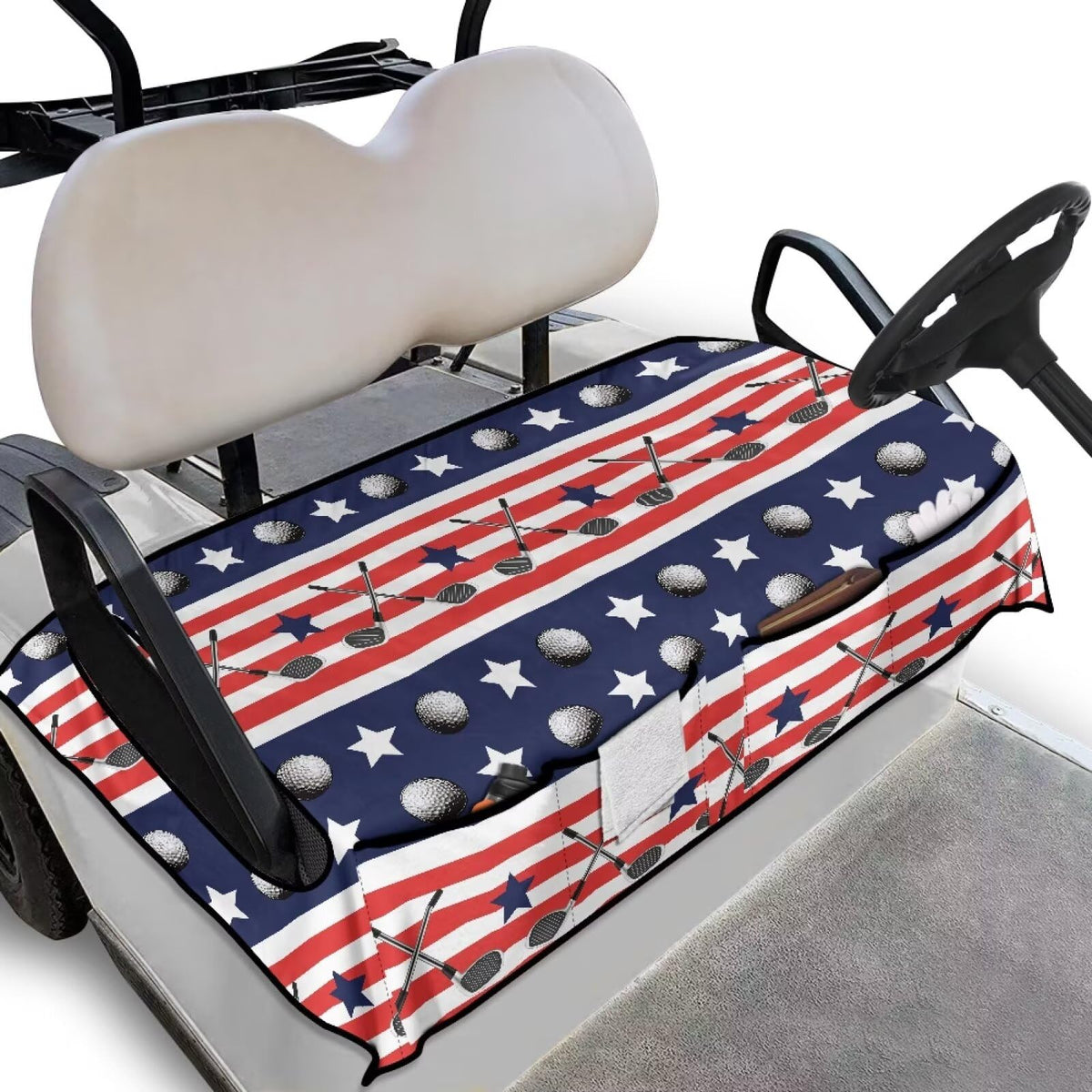 Suobstales Golf Star seat cover with American flag print protecting golf cart seat.