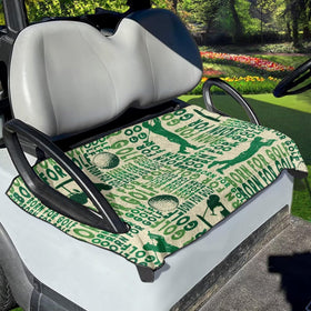 Suobstales Green Golf Print seat cover on a golf cart protects against dust.
