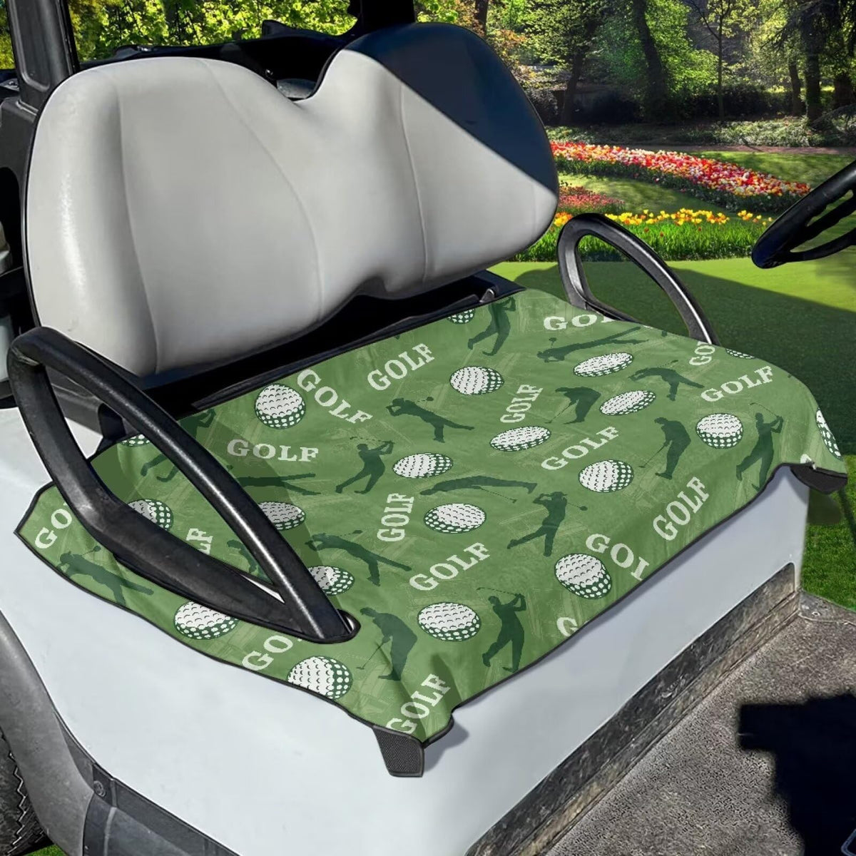 Suobstales Green Golf Print seat cover on a cart seat, adds style and protection.
