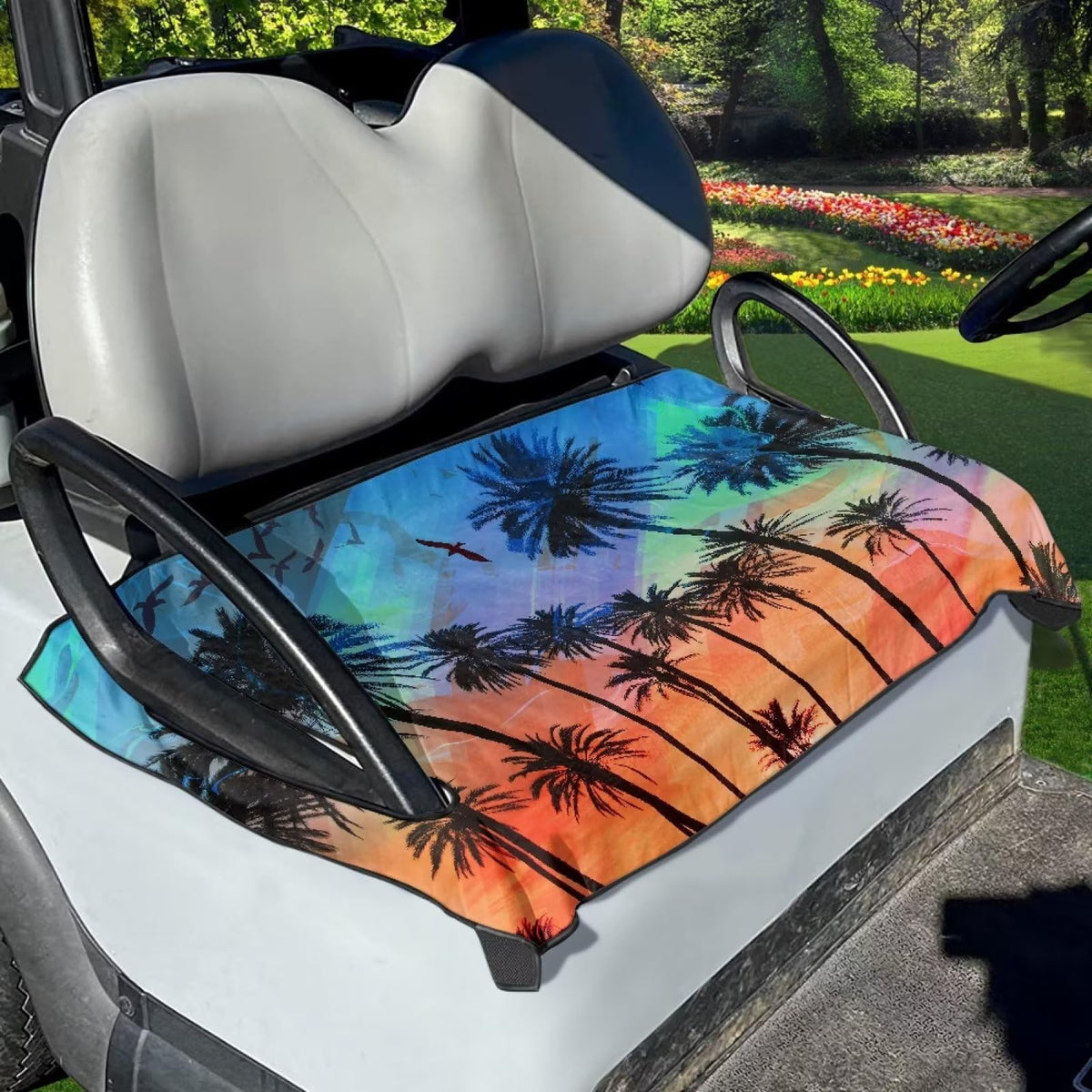 Suobstales Hawaii palm tree seat cover adds stylish protection to a golf cart seat.