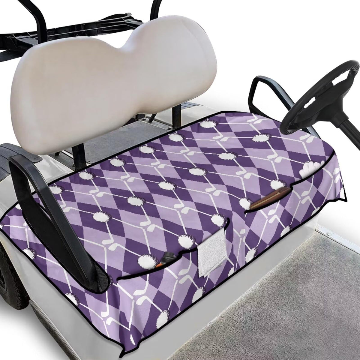 Suobstales purple geometric seat cover front view protects seats and adds style during rounds