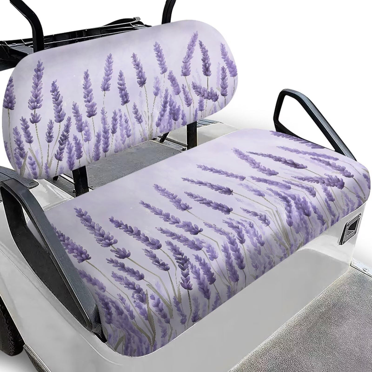 Suobstales rear backrest cover in purple lavender print protects and refreshes golf cart seats.