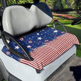 Suobstales Star American Flag seat cover on a golf cart, protects seats and adds style.