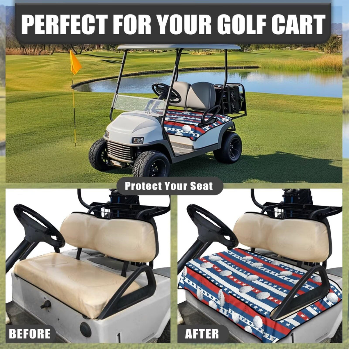 Suobstales universal fit seat cover protects original seats and fits EZGO, Club Car, Yamaha.