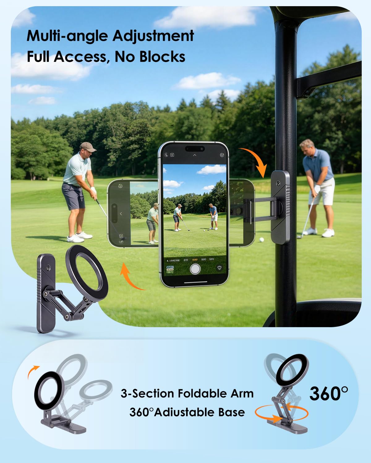 SUPBEE dual-magnetic grip ensures stable hold on rough cart paths