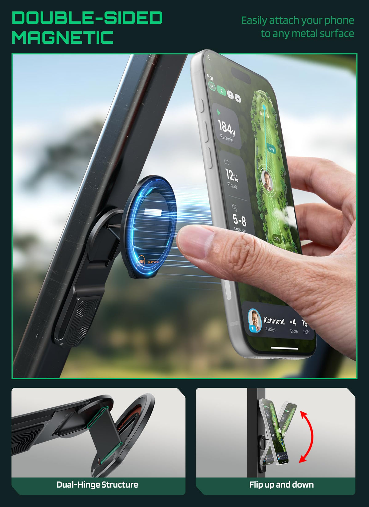 SUPCASE Magnetic Golf Cart Phone Holder side view highlighting adjustable tilt