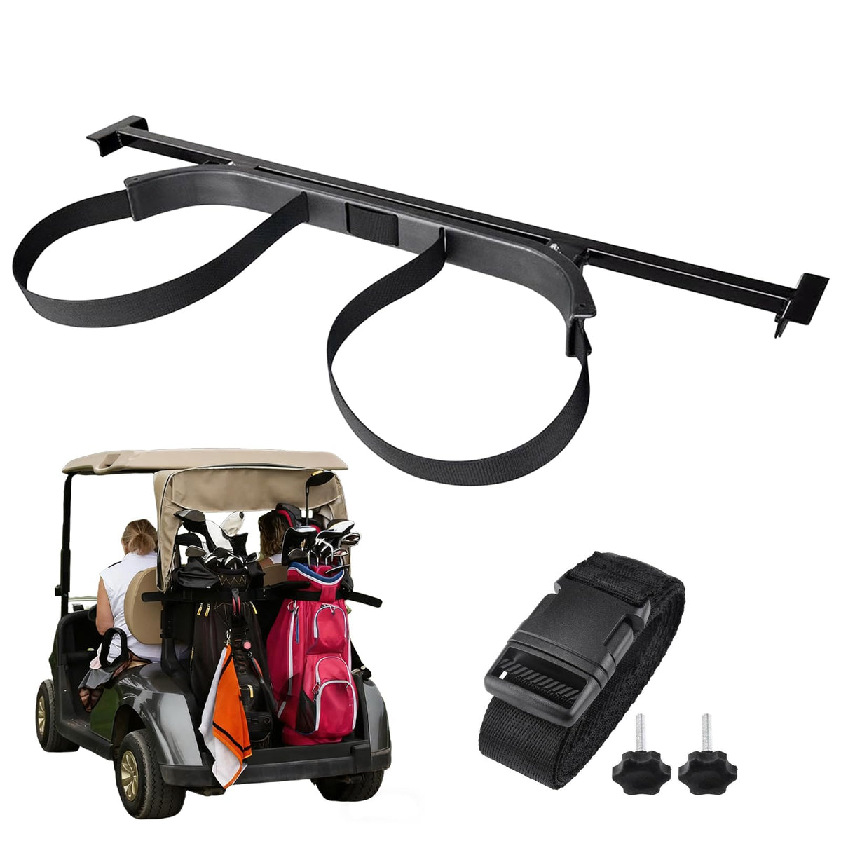 Supermotorparts golf cart bag holder bracket front view showing sturdy construction for two bags