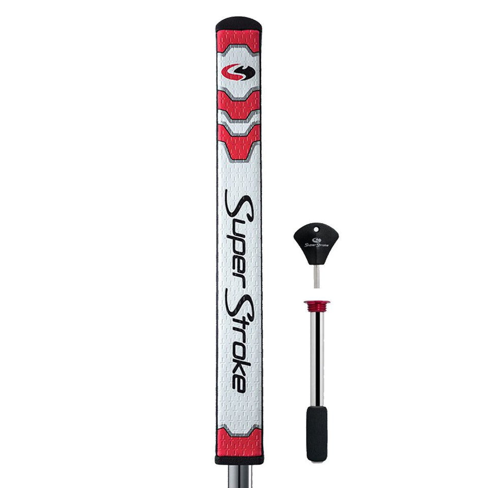 SuperStroke CounterCore Flatso 1.0 grip in white and red with Cross-Traction texture for stable putting stroke.