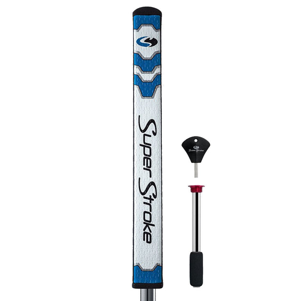 SuperStroke CounterCore Flatso putter grip in white-blue with Cross-Traction for steadier stroke