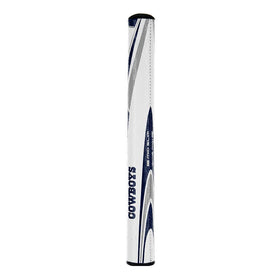 SuperStroke grip in hand highlights navy-white design and confident grip feel.