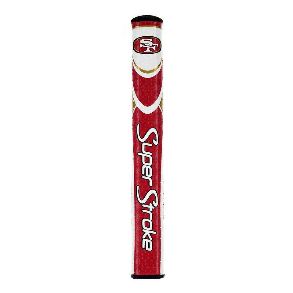 SuperStroke NFL golf putter grip close-up with SF49ers logo for steady greenside feel.