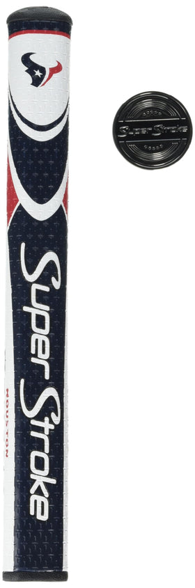 SuperStroke NFL Traxion Tour putter grip on Detroit Lions edition, enhances feel with cross-traction texture.