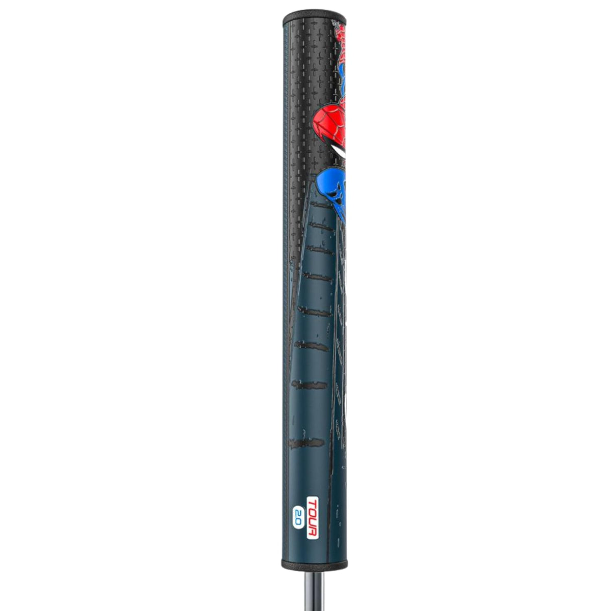 Detail of No-Taper design on the Spider-Man grip reducing hand tension during strokes.