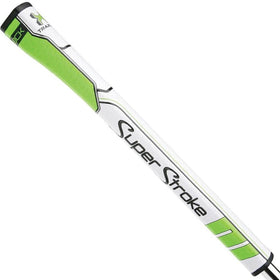 Grip mounted on a putter in green/white, aiding confidence on greens.