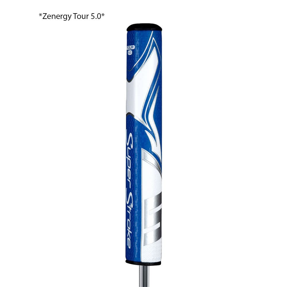 On-green setup with blue Zenergy Tour 1.0 grip aiding control.