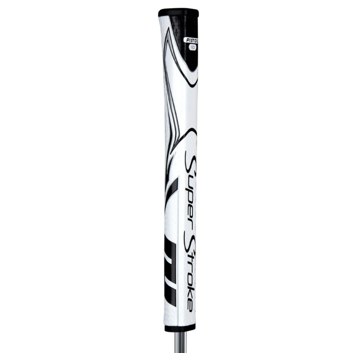 SuperStroke Zenergy Tour 1.0 putter grip in white/black highlighting the SPYNE ridge and textured zones for alignment.