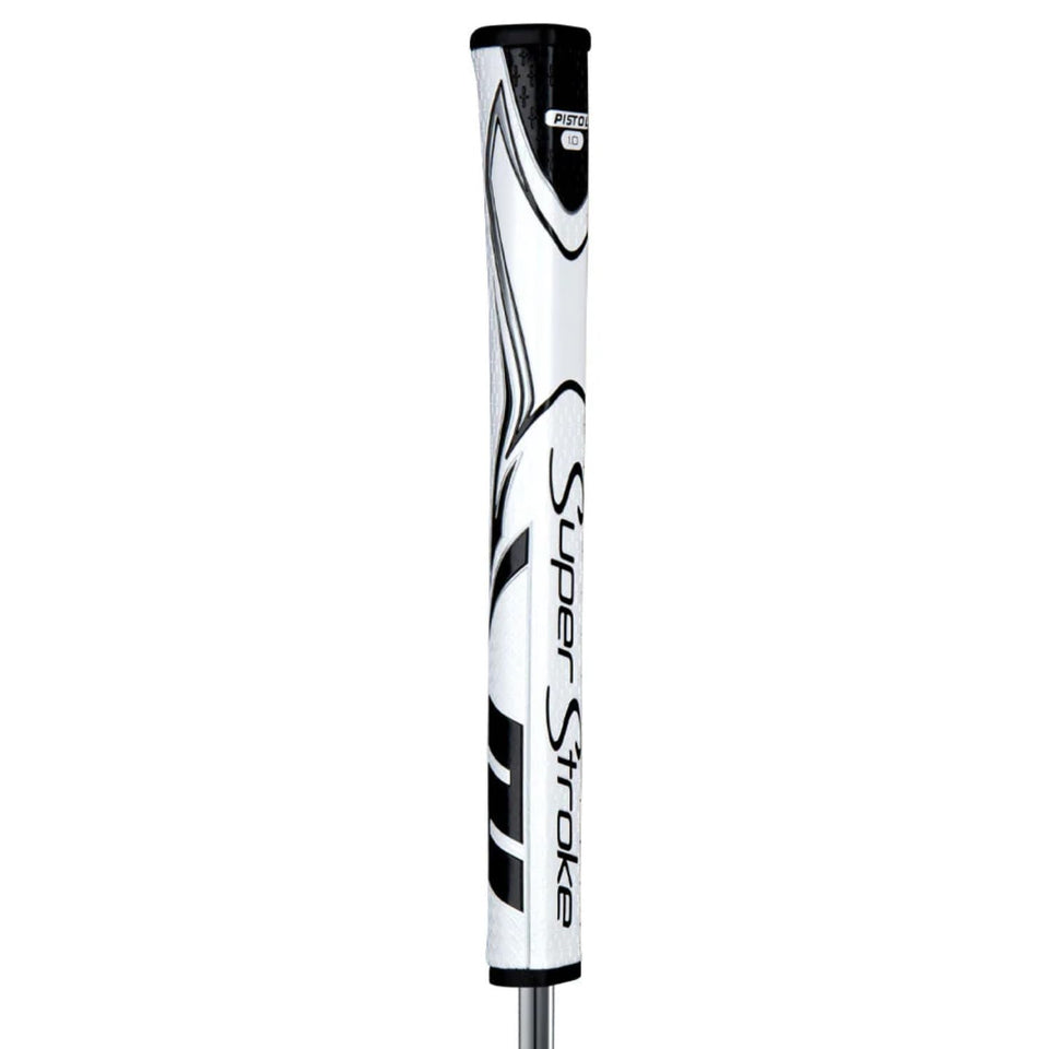 SuperStroke Zenergy Tour 1.0 putter grip in white/black highlighting the SPYNE ridge and textured zones for alignment.