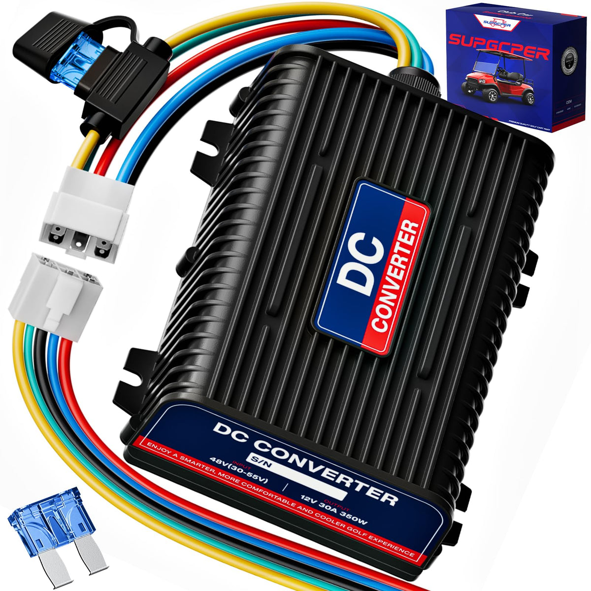 SUPGCPER 48V-36V to 12V converter front view powering golf cart accessories.