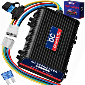 SUPGCPER 48V-36V to 12V converter front view powering golf cart accessories.