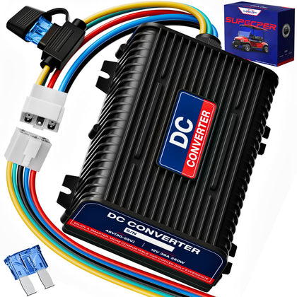 SUPGCPER 48V-36V to 12V converter front view powering golf cart accessories.