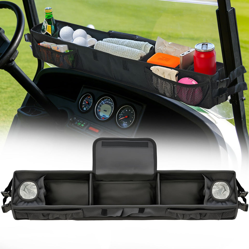 SUPGCPER golf cart front basket mounted on dash for accessible storage.