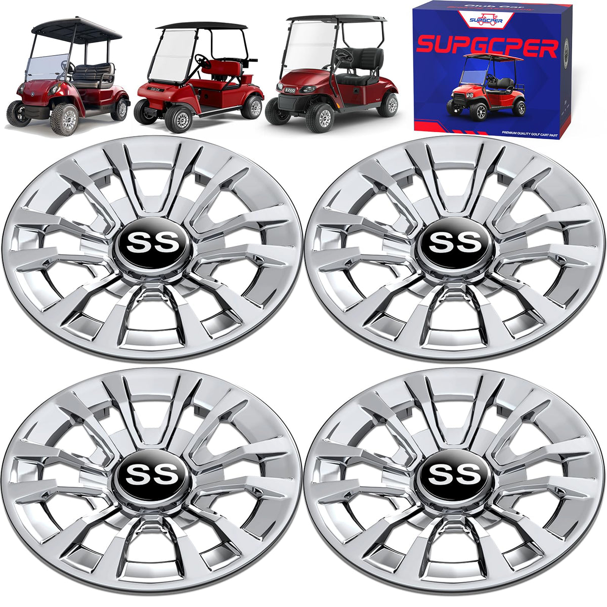 SUPGCPER golf cart wheel covers with 6-spoke chrome finish upgrade appearance
