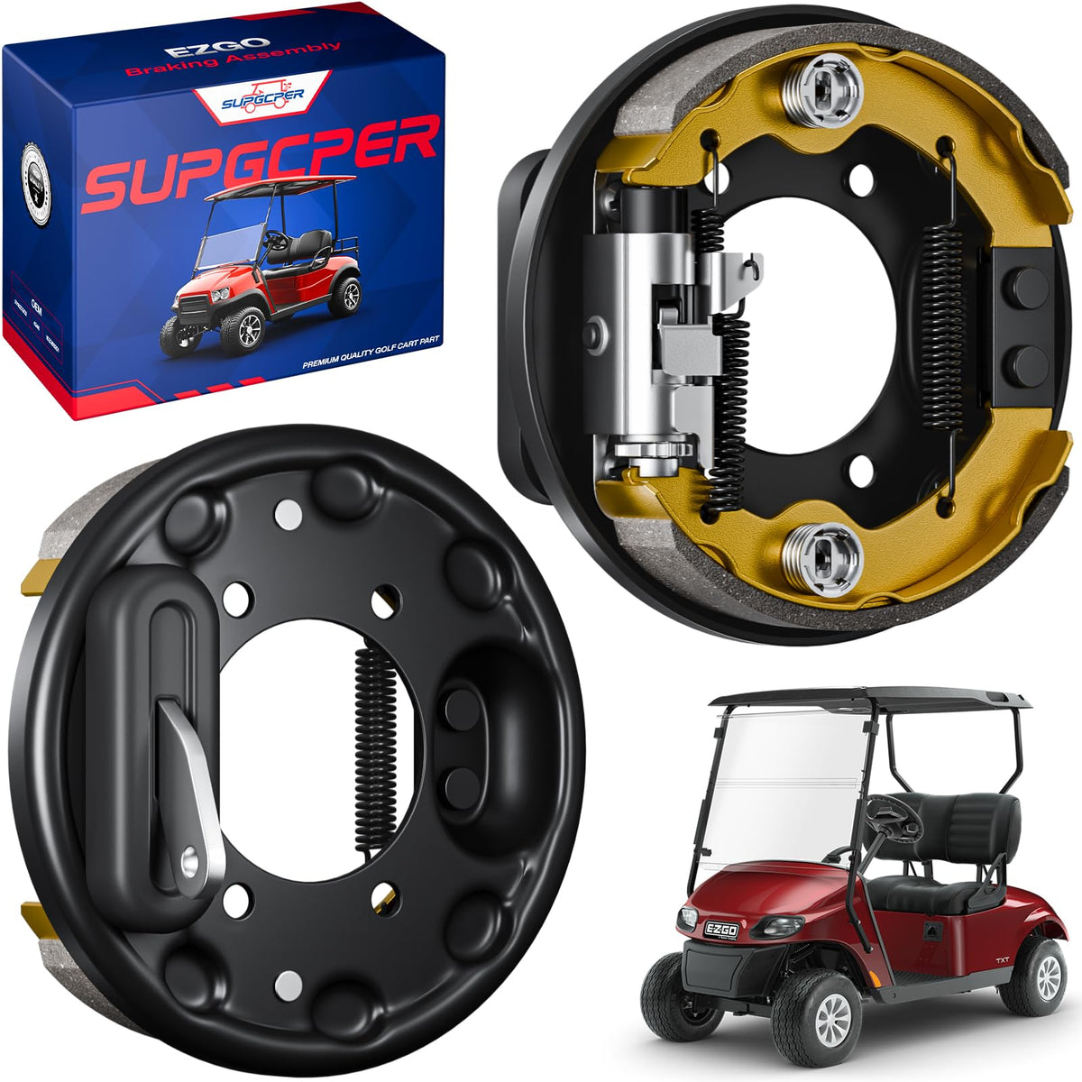 SUPGCPER EZGO brake cluster driver-side close-up shows durable friction surface