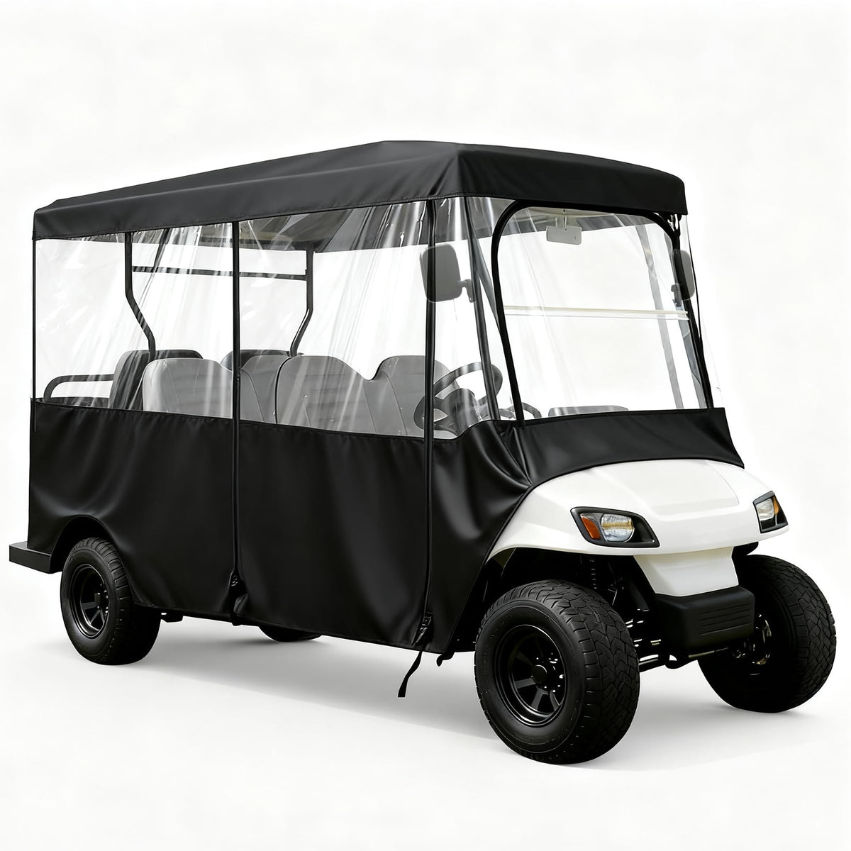 SUVQWJT six-passenger enclosure over golf cart with 119-inch roof for weather protection