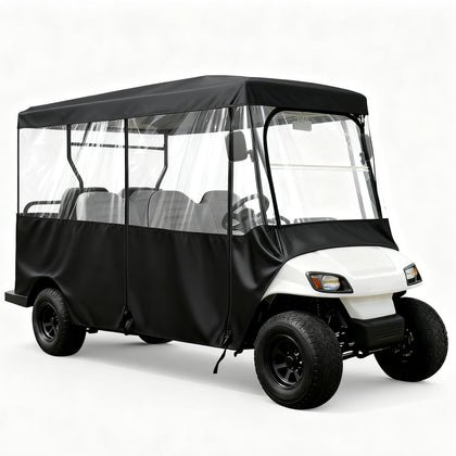 SUVQWJT six-passenger enclosure over golf cart with 119-inch roof for weather protection