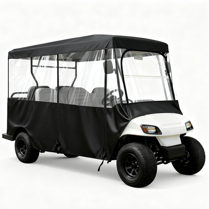 SUVQWJT six-passenger enclosure over golf cart with 119-inch roof for weather protection
