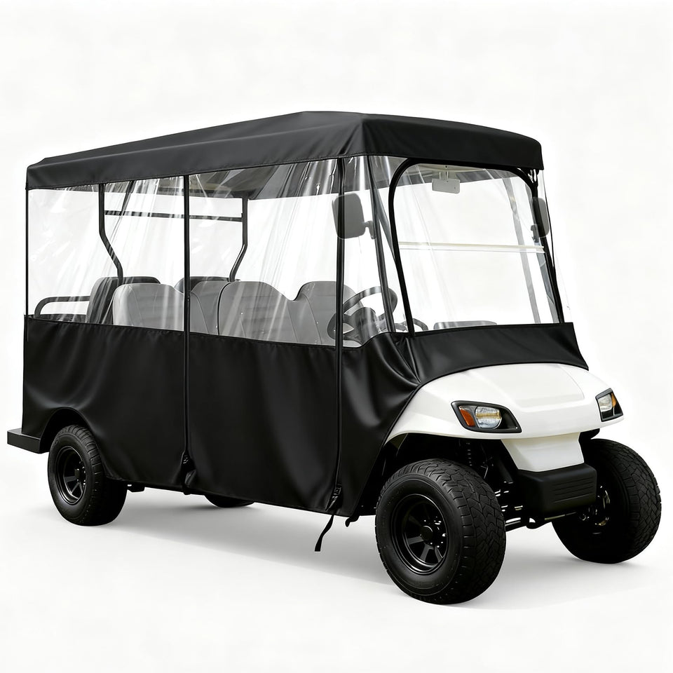 SUVQWJT six-passenger enclosure over golf cart with 119-inch roof for weather protection