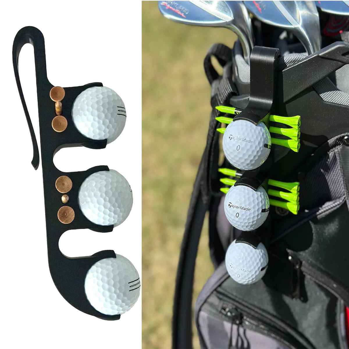 Swanswick golf-bag-attachment-clip clips onto bags for on-the-go spare balls