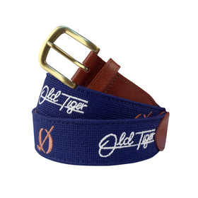 Swig Sip needlepoint golf belt front view with navy weave and durable brass buckle