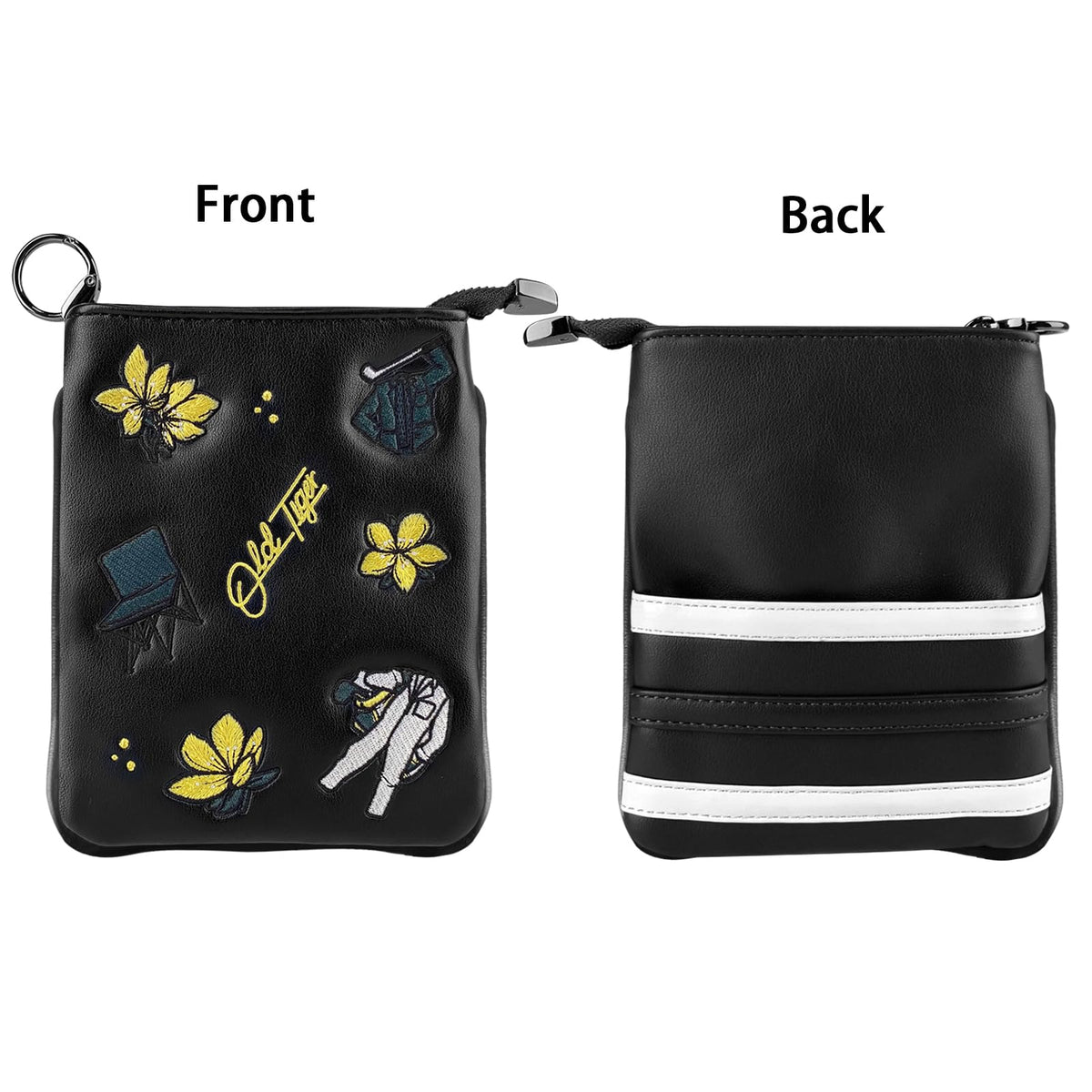 Swig Sip golf pouch open zipper shows quick access to balls and tees.