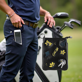 Swig Sip golf pouch waterproof material protects valuables on wet courses.