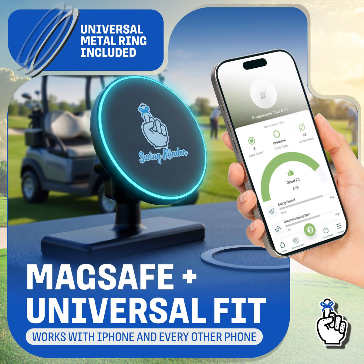 Swing Minder MagMount demonstrates MagSafe compatibility for iPhone 12–16.