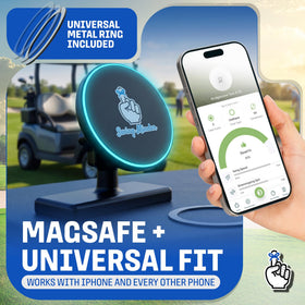 Swing Minder MagMount demonstrates MagSafe compatibility for iPhone 12–16.