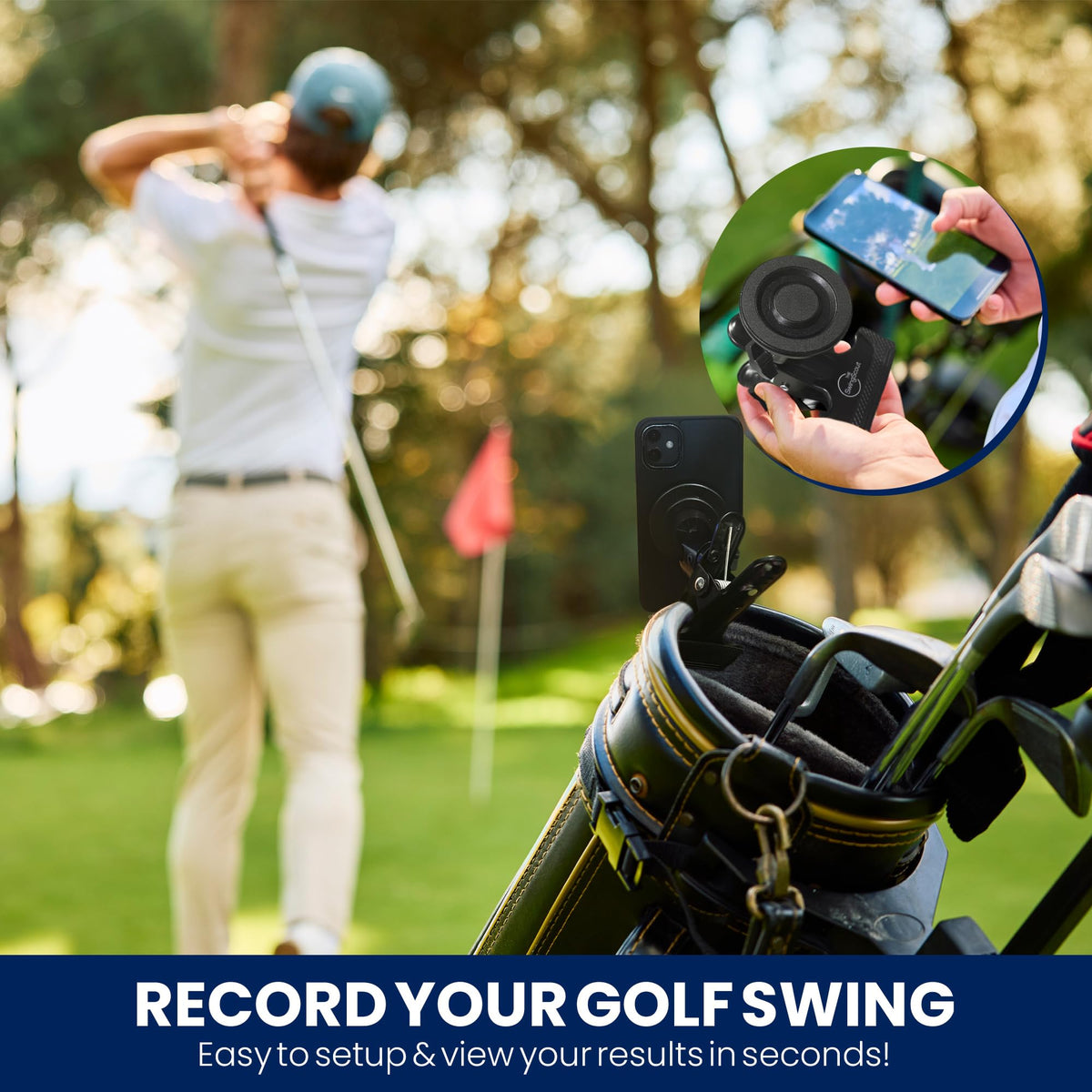 The SwingScout phone-in-mount design offers hands-free viewing during rounds.