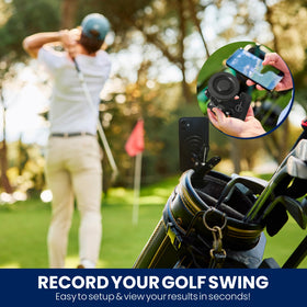 The SwingScout phone-in-mount design offers hands-free viewing during rounds.