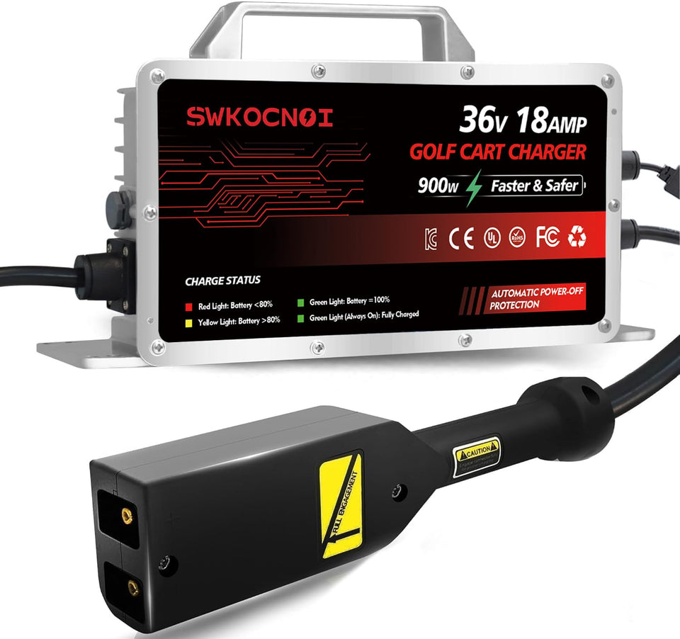 SWKOCNOI 36V charger front view showing rugged outdoor-ready build.