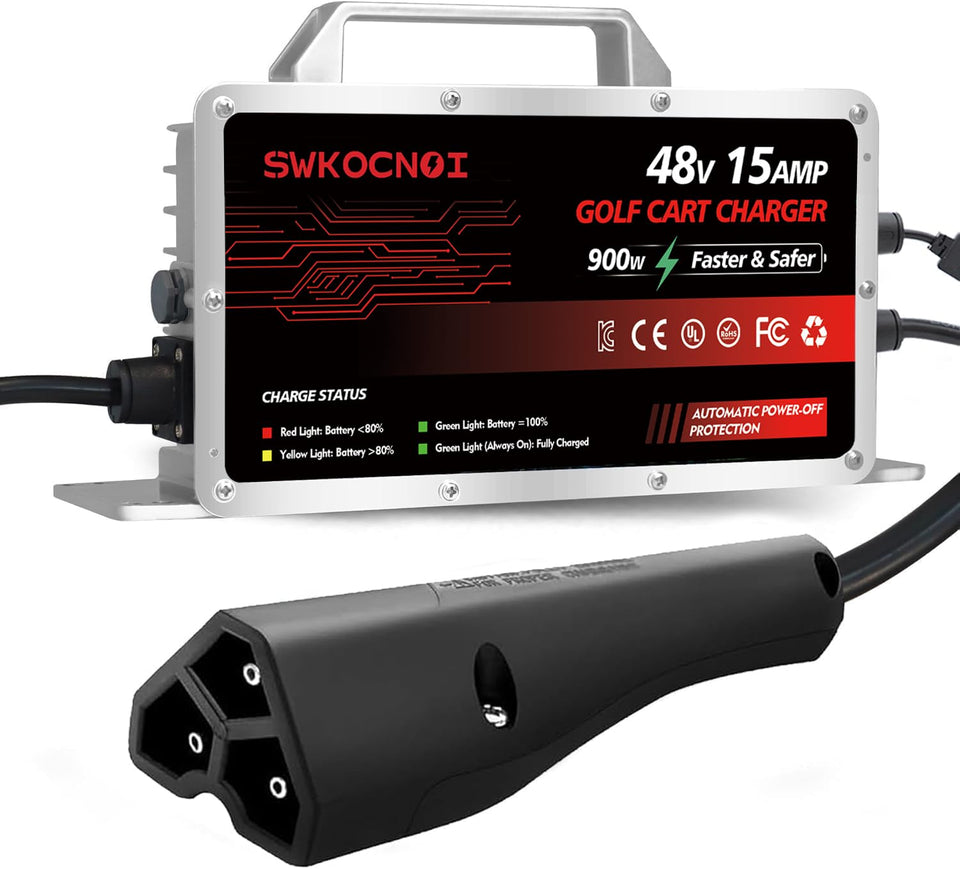 SWKOCNOI 48V charger for EZGO RXV and TXT delivering fast, reliable charging on the course