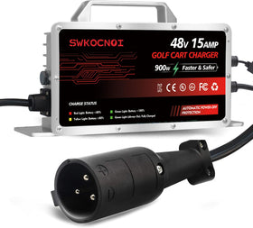 SWKOCNOI 48V charger front view with rugged aluminum shell for outdoor use.