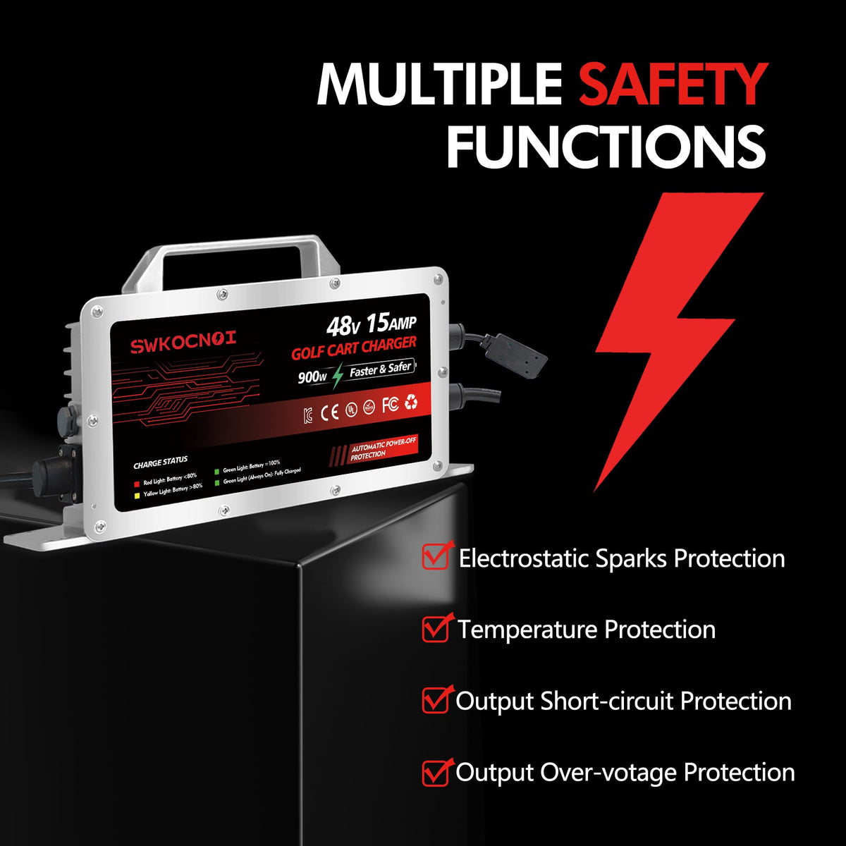 SWKOCNOI intelligent auto-trickle charging with real-time status indicator.