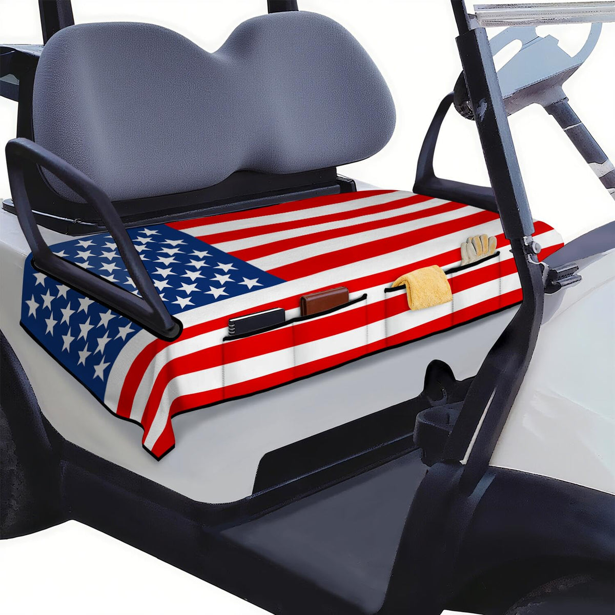 Syienasdk American flag breathable golf cart seat cover offering seat protection and patriotic style.