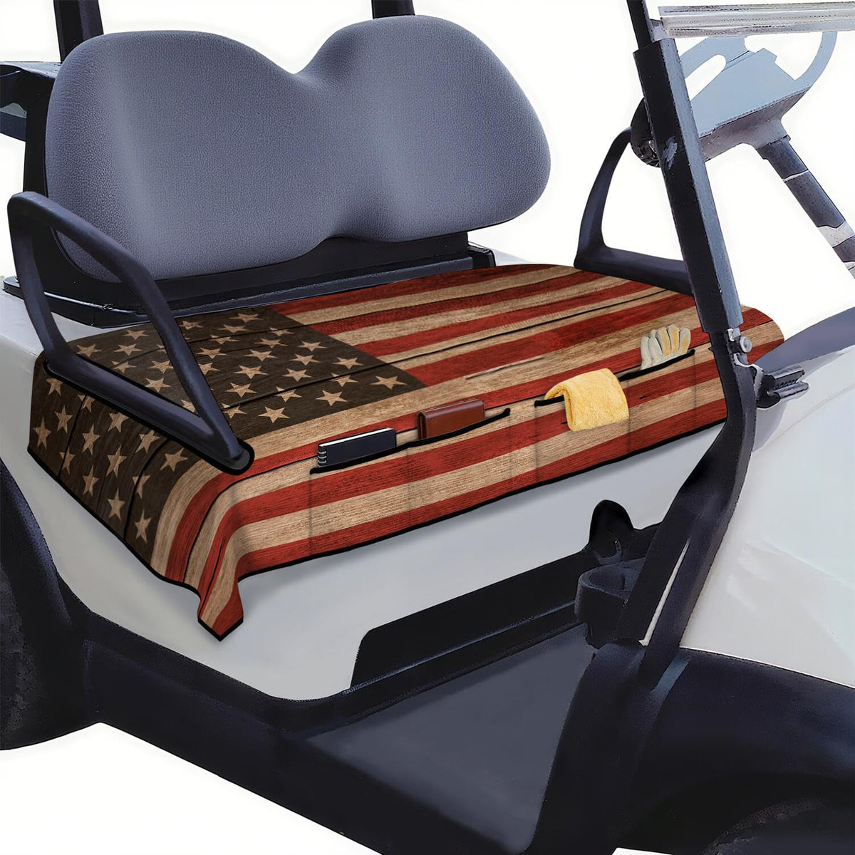 Syienasdk American flag seat cover for 2-seat golf carts protects seats during play.