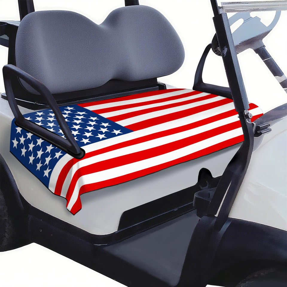 Syienasdk American flag seat cover on golf cart for style and protection.