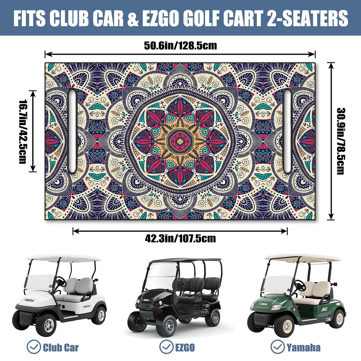 Syienasdk Boho seat cover side view highlighting stretch-fit for easy installation